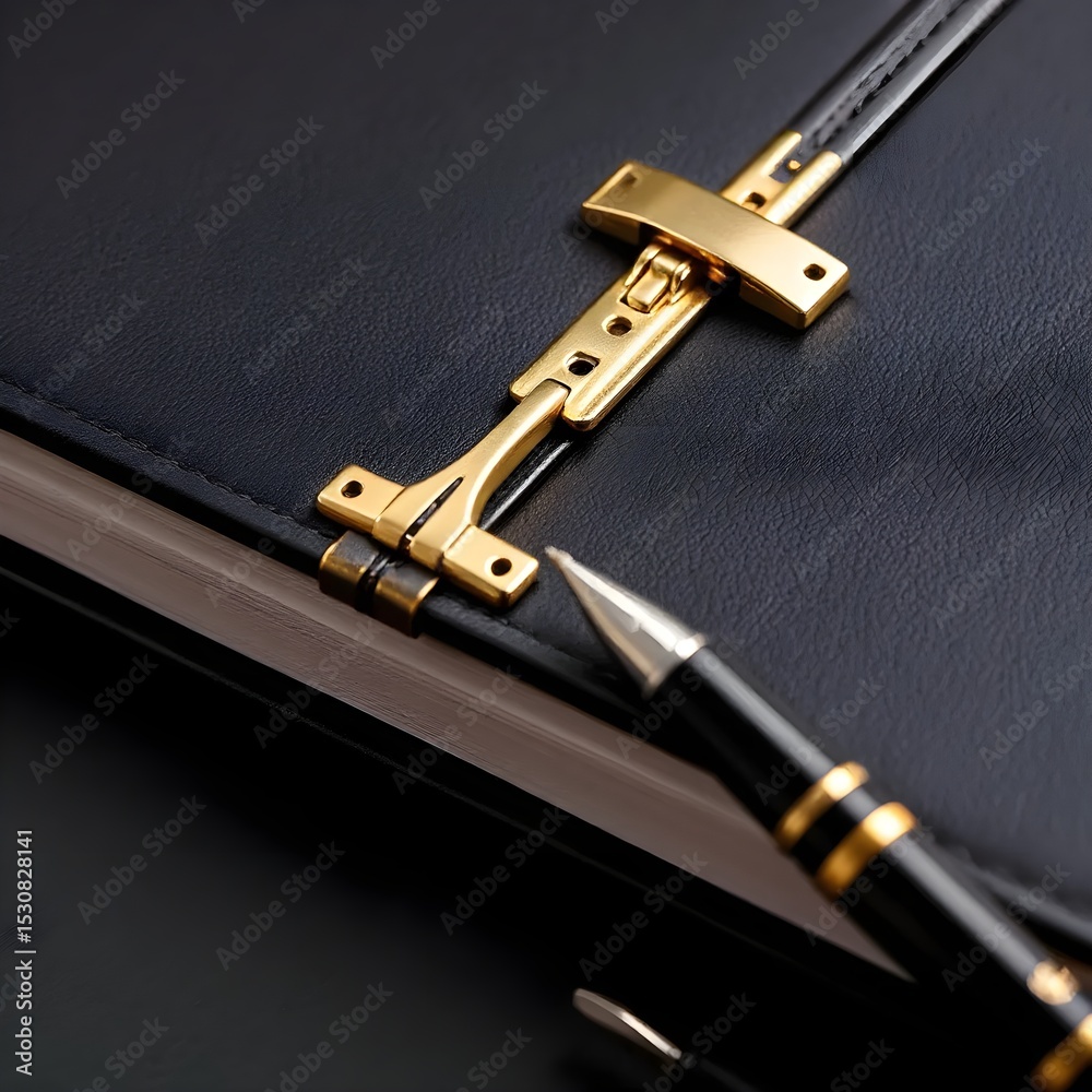 Naklejka premium A golden clasp gently locking a journal shut, resting beside a pen.