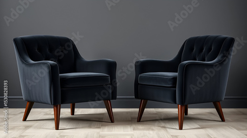 Art Deco quilted armchairs in black velvet with polished wooden legs stylish home decor furniture for versatile interior settings
