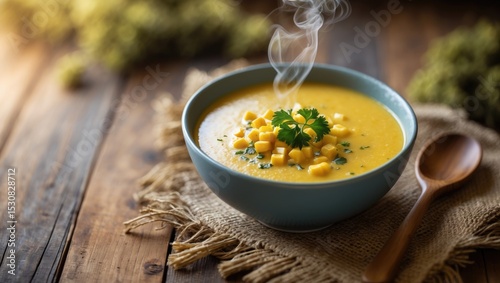 A bowl of Corn potage soup served fresh.