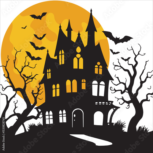 Haunted House with Full Moon and Bats Vector Illustration,Haunted house. Silhouette of a castle against the background of an orange moon. Illustration for halloween.