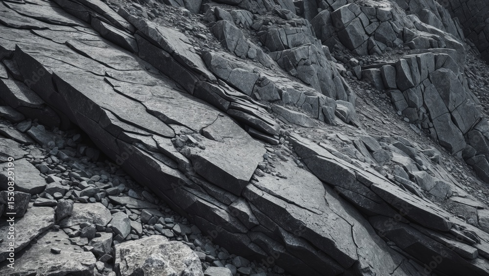 Fototapeta premium Black white rock texture showing mountain surface details. Close-up of gray rocky stone background.