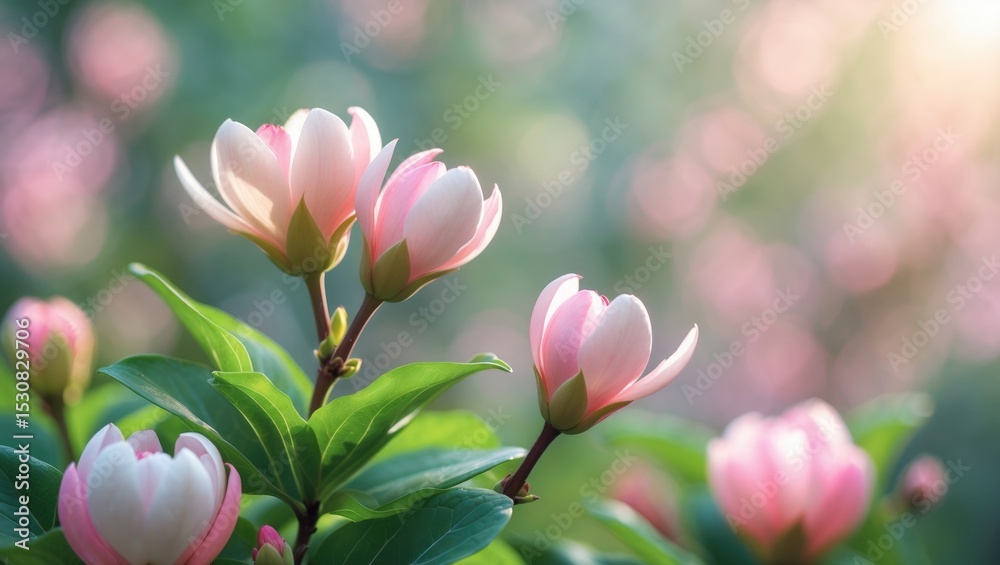 Obraz premium Begonia flowers and flower buds bloom in spring outdoors, Malus spectabilis