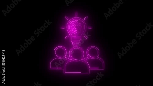 Glowing neon crowd sourcing icon neon brainstorm icon neon Idea Group Icon Video People with Light bulb for Teamwork Innovation.