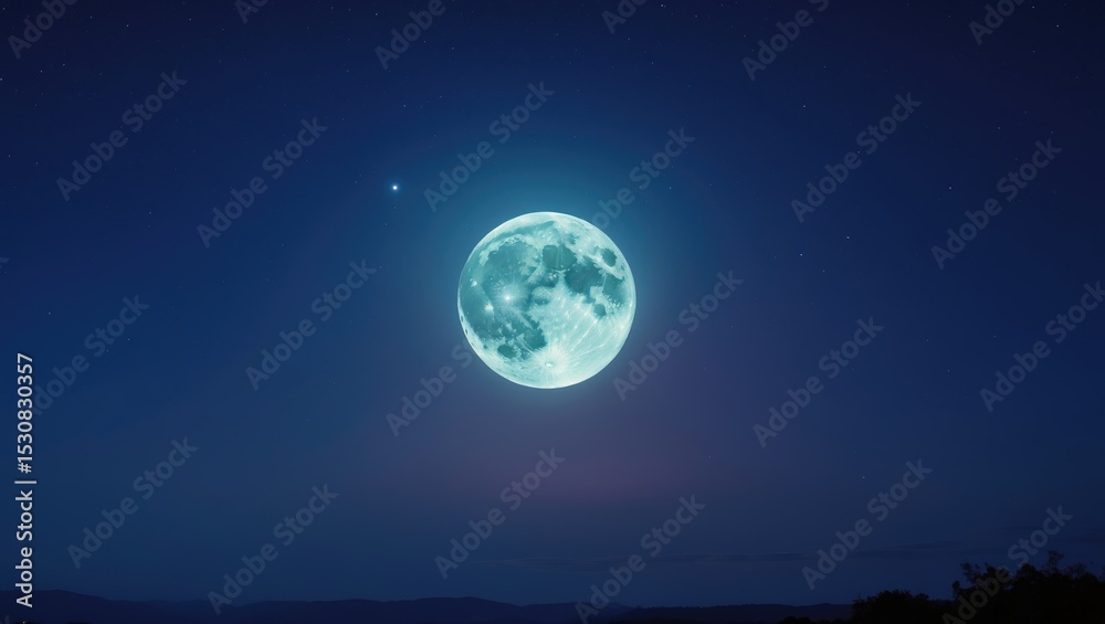 Fototapeta premium A night sky illuminated by the moon with starry surroundings and atmospheric glow.