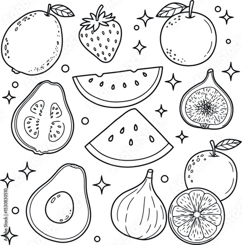 A black and white coloring page featuring a variety of fruits, including a guava, strawberry, orange, fig, watermelon slices, avocado, and grapefruit, adorned with decorative sparkles and circles.