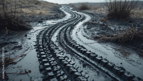 A muddy road covered with extensive dirt and mud. The road is highly muddy and filled with dirt.