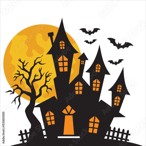 Haunted House with Full Moon and Bats Vector Illustration,Haunted house. Silhouette of a castle against the background of an orange moon. Illustration for halloween.