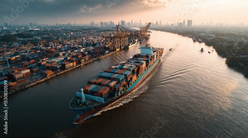 Efficient smart logistics system with cargo ship cruising past export port.