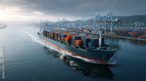 Efficient smart logistics system with cargo ship cruising past export port. photo