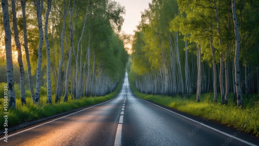 Fototapeta premium Rural road surrounded by lush green trees.
