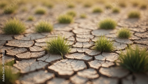 Cracked earth with grass, serving as a metaphor for climate change.