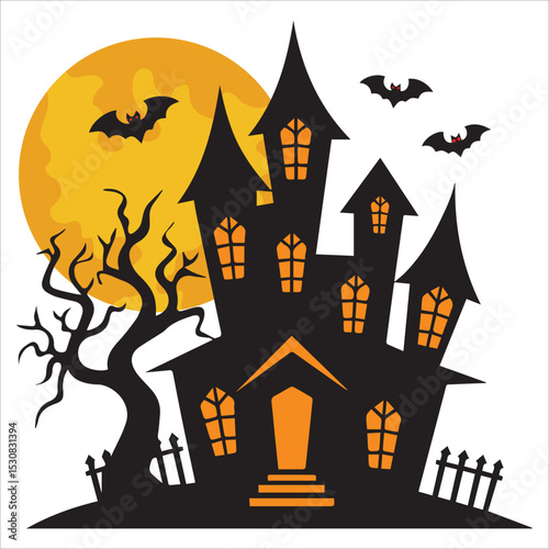 Haunted House with Full Moon and Bats Vector Illustration,Haunted house. Silhouette of a castle against the background of an orange moon. Illustration for halloween.