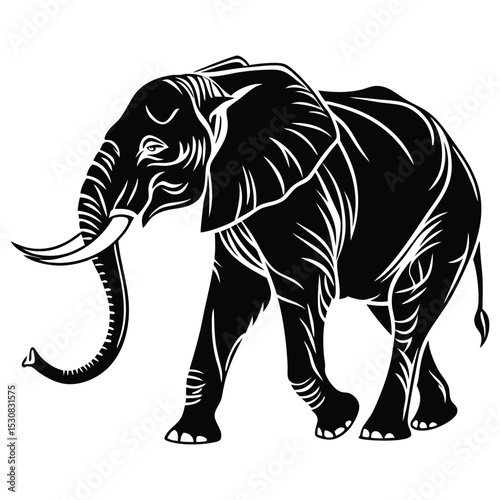 Majestic black elephant strides powerfully with detailed white lines on a white background