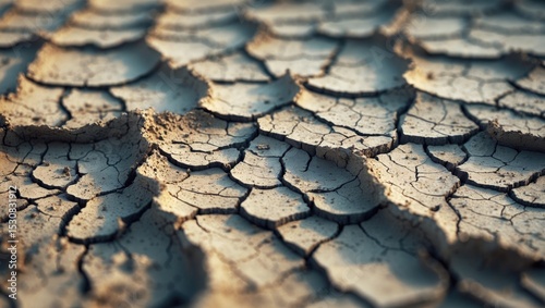 Cracked dry soil caused by drought, depicting environmental degradation and water scarcity. This arid land texture is ideal for concepts of ecology.