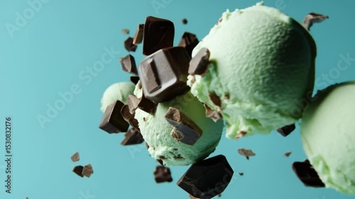 Mint ice cream scoops with chocolate pieces on turquoise background  