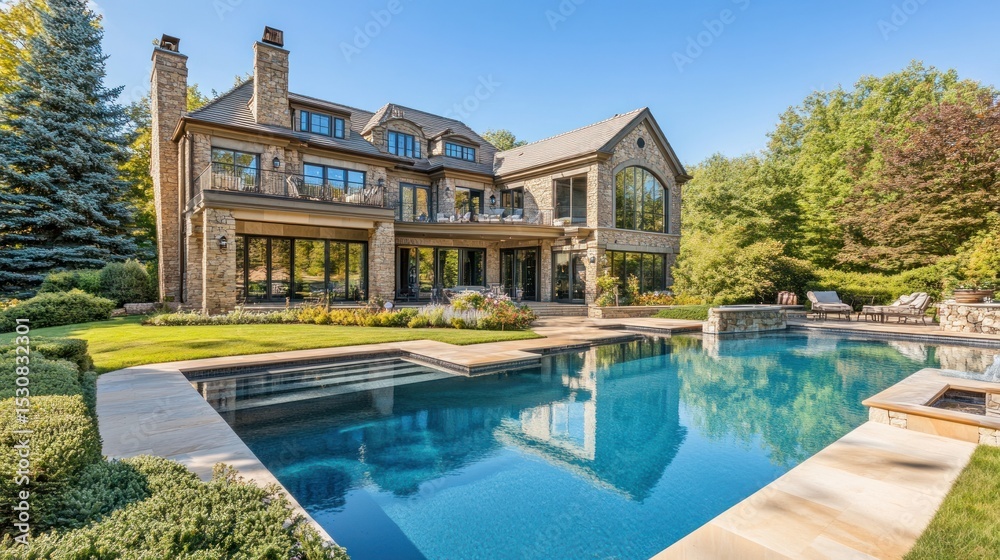 Fototapeta premium Luxurious modern home with a pool and stunning backyard