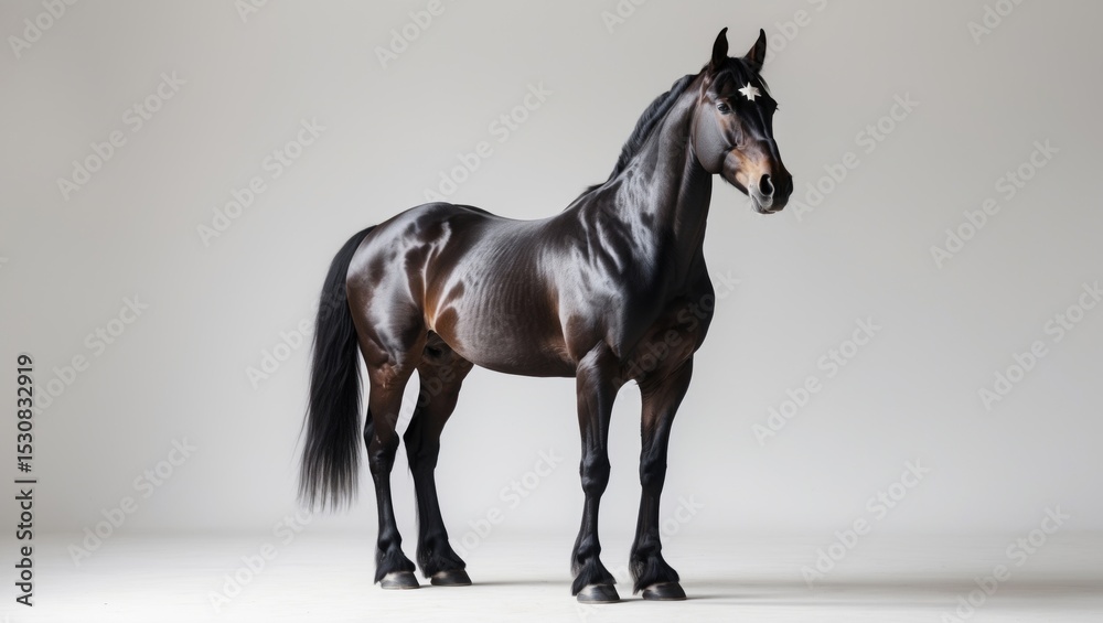 Obraz premium One-month-old dark brown Andalusian horse standing gracefully sideways, gazing at the camera, set against a clean white background, showcasing its sleek coat and elegant stature.