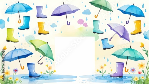 Adorable pastel watercolor art of rainy days — featuring charming kid-like scenes with boots, puddles, and umbrellas in soft shades. Ideal for minimal postcard designs, wall art, and cute seasonal col