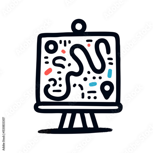 Abstract map illustration on easel with colorful design elements  