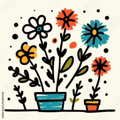 Colorful flower illustration with various plants in decorative pots  