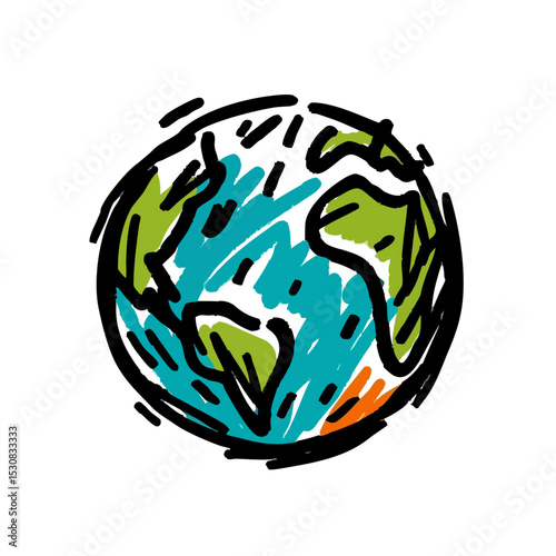 Hand-drawn globe illustration with blue oceans and green continents  