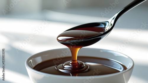 A metal spoon filled with syrup pouring into a white ceramic bowl. photo
