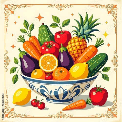 Colorful, healthy fruit and vegetable mix in a fresh bowl illustration