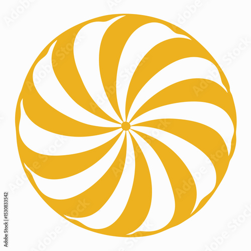 Yellow round candy with white spiral pattern on a plain background  