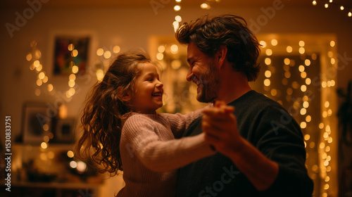Father and daughter dancing in the living room, fairy lights in background, candid joyful moment, warm ambient light
