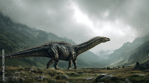 Fototapeta Naklejka Na Ścianę i Meble -  A majestic dinosaur traversing a misty valley, surrounded by towering mountains and dramatic clouds
