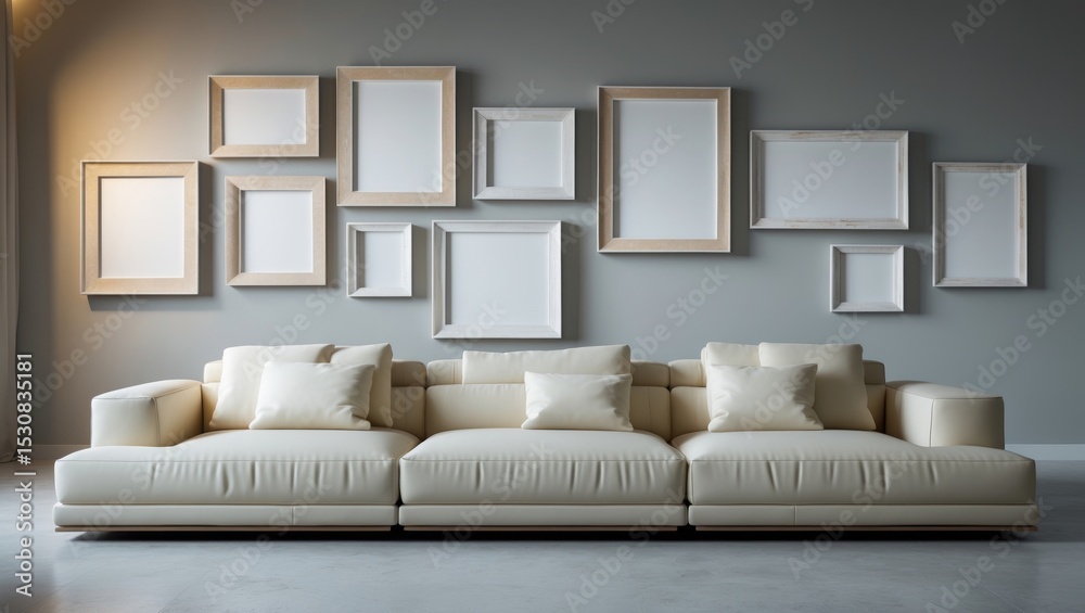 Fototapeta premium A modern living room featuring a couch and vacant frames.