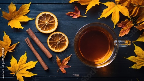 A cup of autumn tea accompanied by yellow dry leaves. Empty space. Warm beverage for chilly rainy autumn days. Hygge concept, fall mood. flat lay