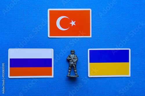 Flags of Russia, Ukraine and Turkey on a blue background. The Russian-Ukrainian conflict.
