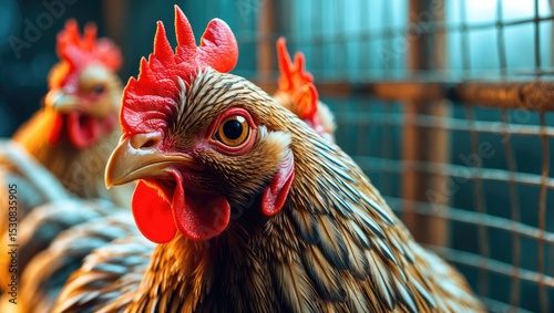 Close-up of a Speckled Hen within a wire cage, showing its feathers and eyes clearly.