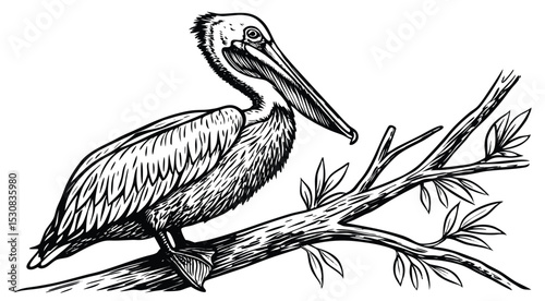 Vintage Ink Drawing of a Pelican on a Branch – Black and White Etching Style