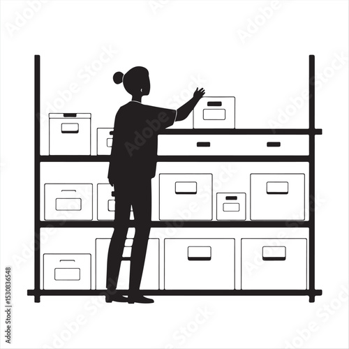 A person arranges labeled storage boxes on a shelf in a classic black and white flat vector silhouette.  Pastel background with clean lines and delicate sparkles.  Simple two-dimensional forms create