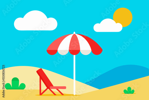 Flat Design Summer Beach Illustration - Tropical Vacation Scene with Umbrella & Sun