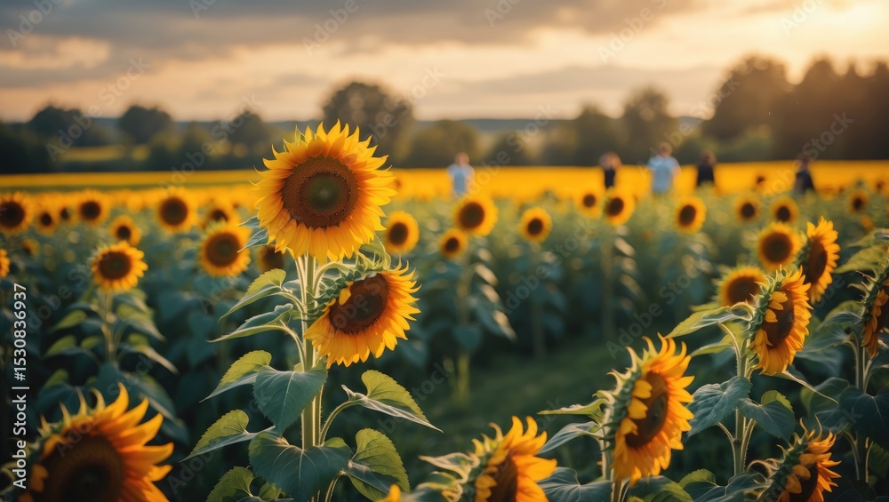 Obraz premium A couple observes as the sun sets behind the trees of a sunflower field in Yellow Springs Ohio.