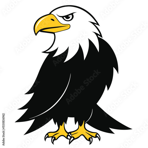 Cartoon eagle with white head and intense yellow beak stands on white background