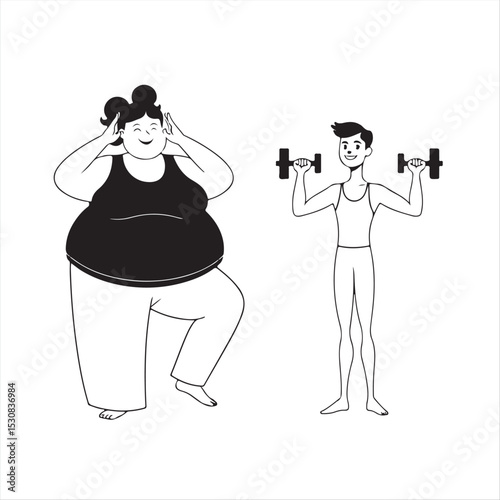 A timeless, elegant, black and white vector illustration in a modern flat design style depicts two simplified, smiling figures a plus-size person practicing yoga and a slim person lifting weights