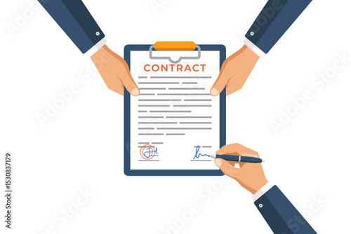 vector Illustration of representing the act of signing a business contract, showcasing collaboration and agreement.
