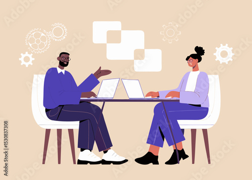 Diverse colleagues collaborating on laptops with gears and speech bubbles showcasing teamwork innovation and communication in a modern workspace setting