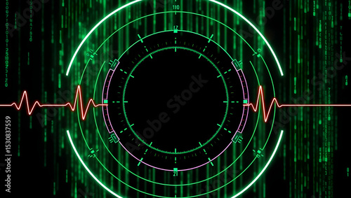 Data Radar Scan: A vibrant digital radar system, pulse traces, and binary code cascade, revealing the dynamic complexity of data analysis.