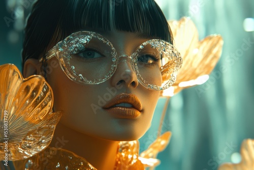 Close up of a woman with bangs wearing large round glasses and golden floral embellishments around her