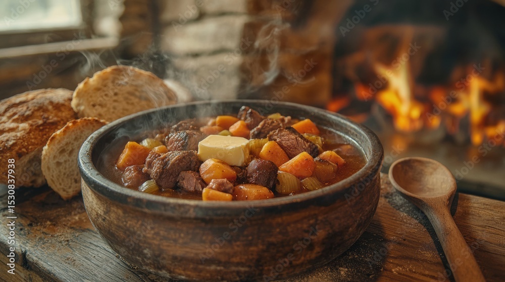 Fototapeta premium Earthy Toned Still Life Featuring a Rustic Bowl of Hearty Stew Topped with Melting Butter by a Crackling Fireplace with