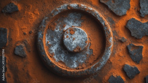 A detailed close-up of a weathered metal surface displays an intriguing rusted and discolored texture. photo