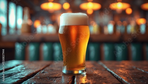 A chilled pint of pale ale beer served in a restaurant.