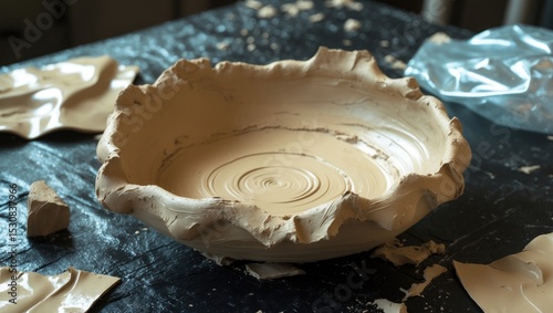 A detailed close-up of an incomplete clay bowl, still damp and highlighting the texture