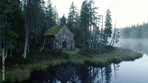 Ladoga lake reflects on a stone church nestled in the Finnish forest. Suitable for travel guides, nature magazines, and postcards.