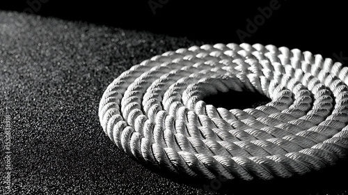 Fitness rope tightly coiled on gym floor with dynamic shadows and dramatic side lighting in minimalist sports setting, isolated on dark background, f/4.0 shallow depth of field.